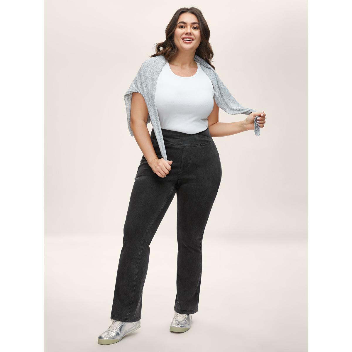 Plus Size Overlap Waist Stretchy Knit Bootcut Jeans Women Denimblack Casual Medium stretch Slanted pocket Jeans BloomChic 24/3X Product Image