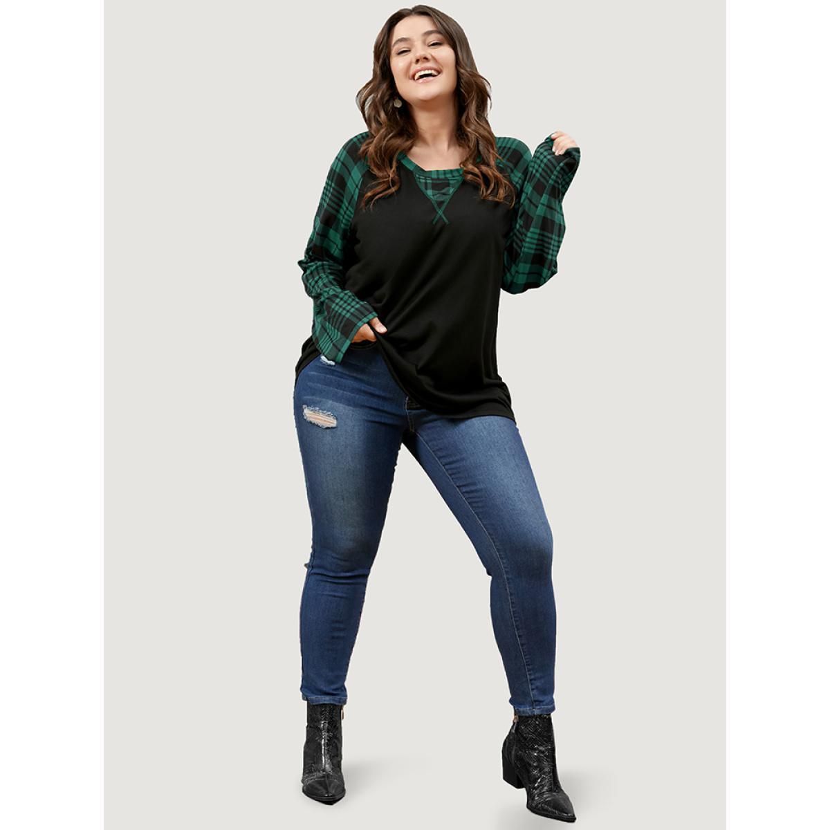 Plus Size Plaid Patchwork Bell Sleeve Long Tee DarkGreen Women Casual Contrast Plaid Round Neck Dailywear T-shirts BloomChic 22-24/3X Product Image