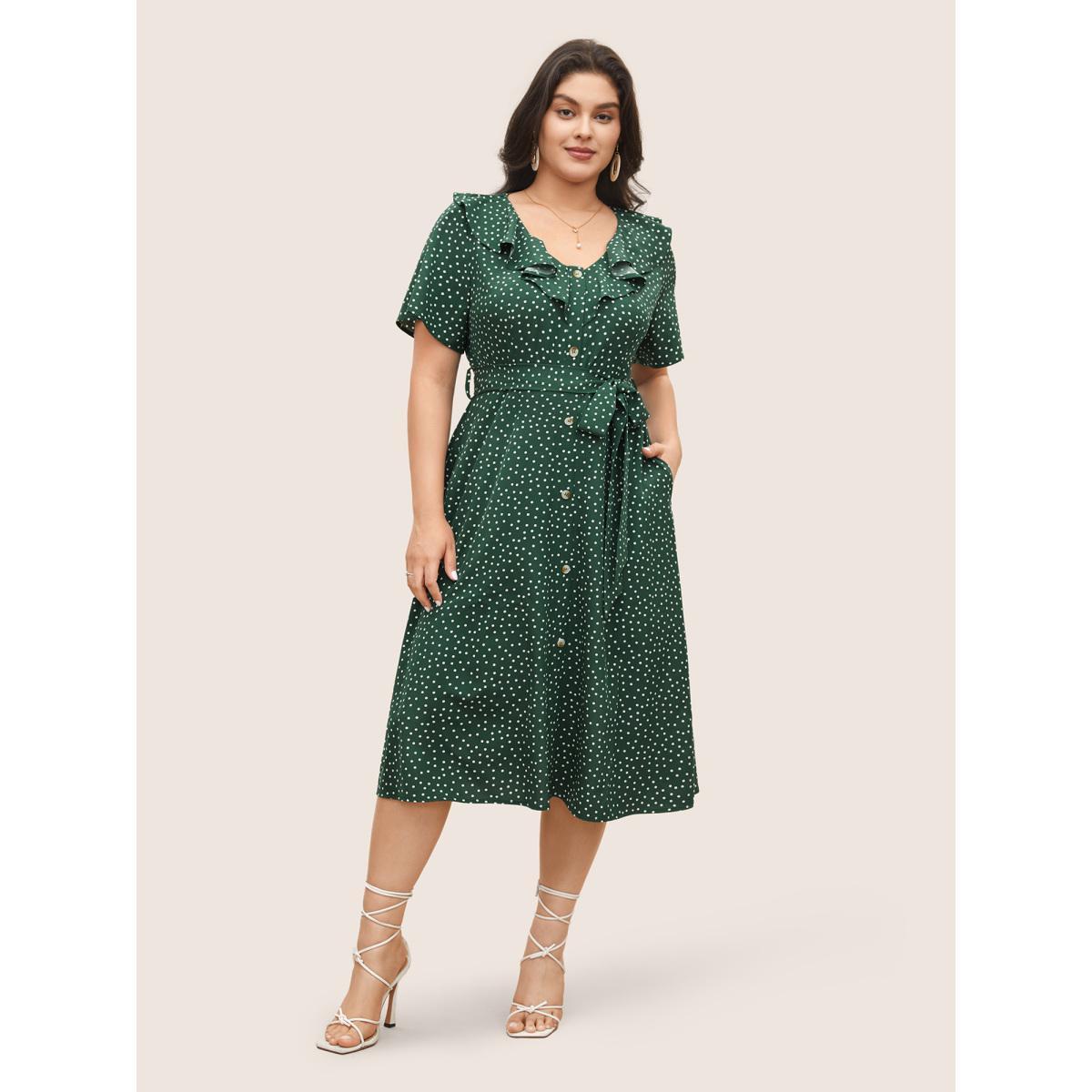 Plus Size Polka Dot Flutter Trim Belted Button Detail Dress DarkGreen Women Elegant Non V-neck Sleeveless Curvy Midi Dress BloomChic 10/M Product Image