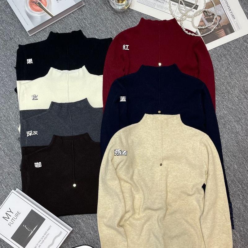 Long Sleeve Mock Neck Plain Lace Trim Ribbed Knit Top Product Image