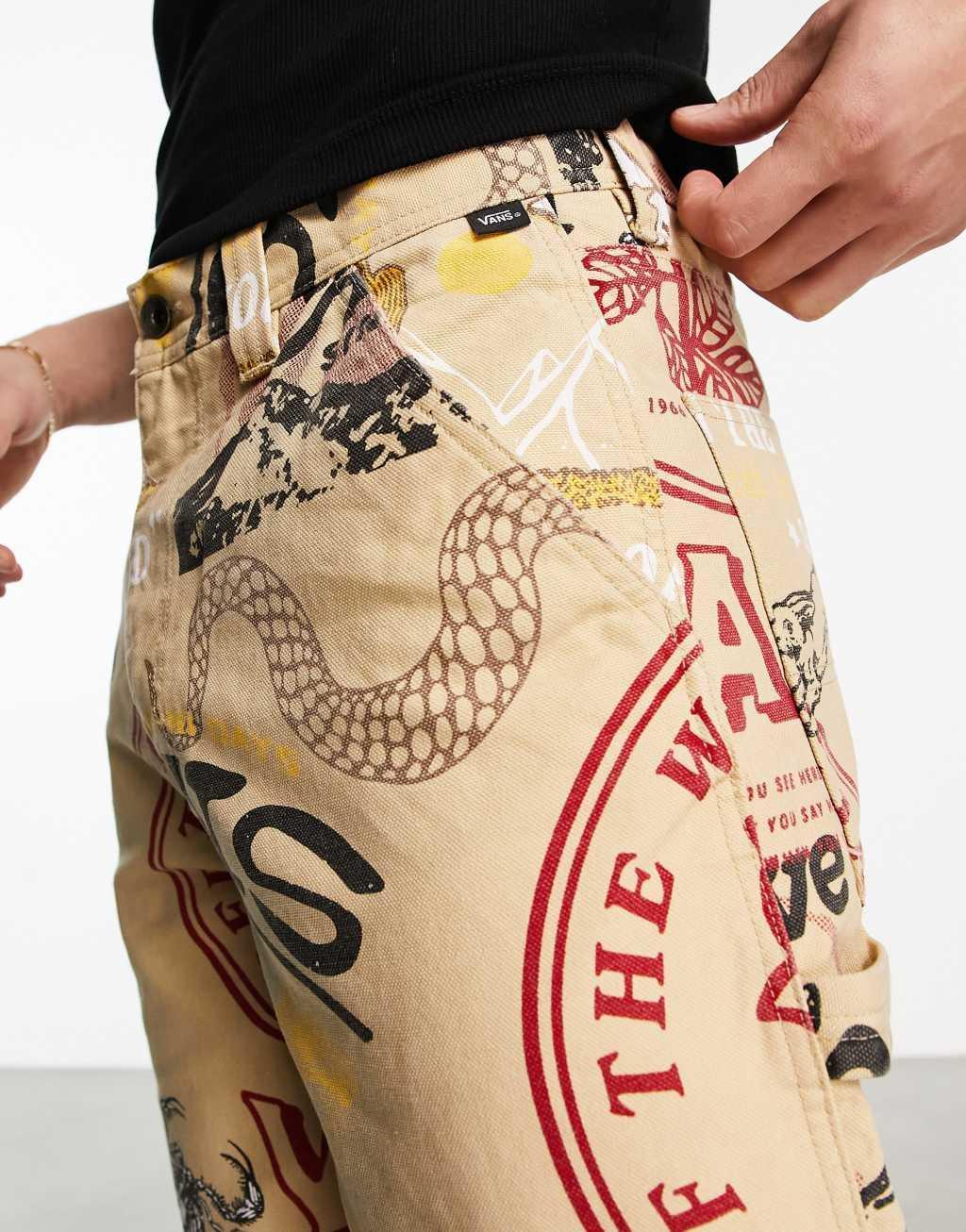 Vans loose carpenter canvas all over print pants in beige Product Image