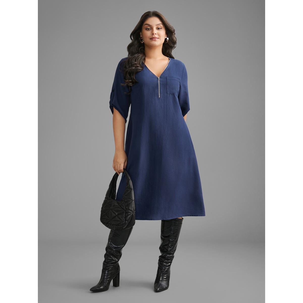 Plus Size Solid Half Zip Tab Sleeve Dress Navy Women At the Office Non V-neck Elbow-length sleeve Curvy BloomChic 30/6X Product Image
