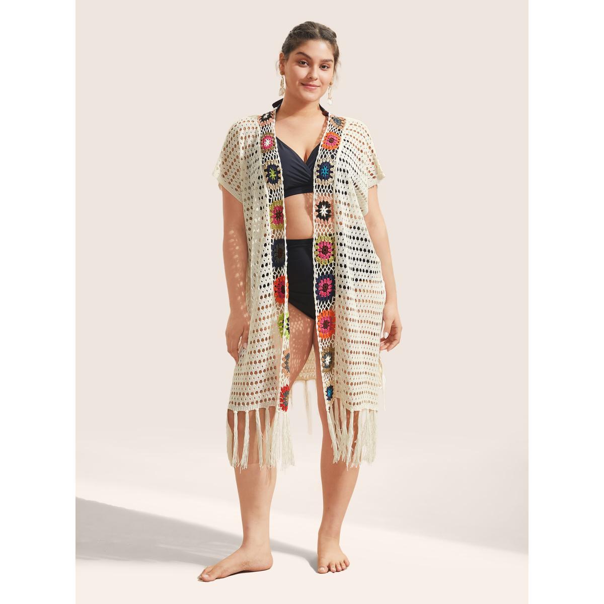 Plus Size Floral Cut Out Tassels Hem Mesh Swim Cover Up Women's Swimwear Ivory Beach Crochet Curve Swim Cover Ups BloomChic 10/M Product Image