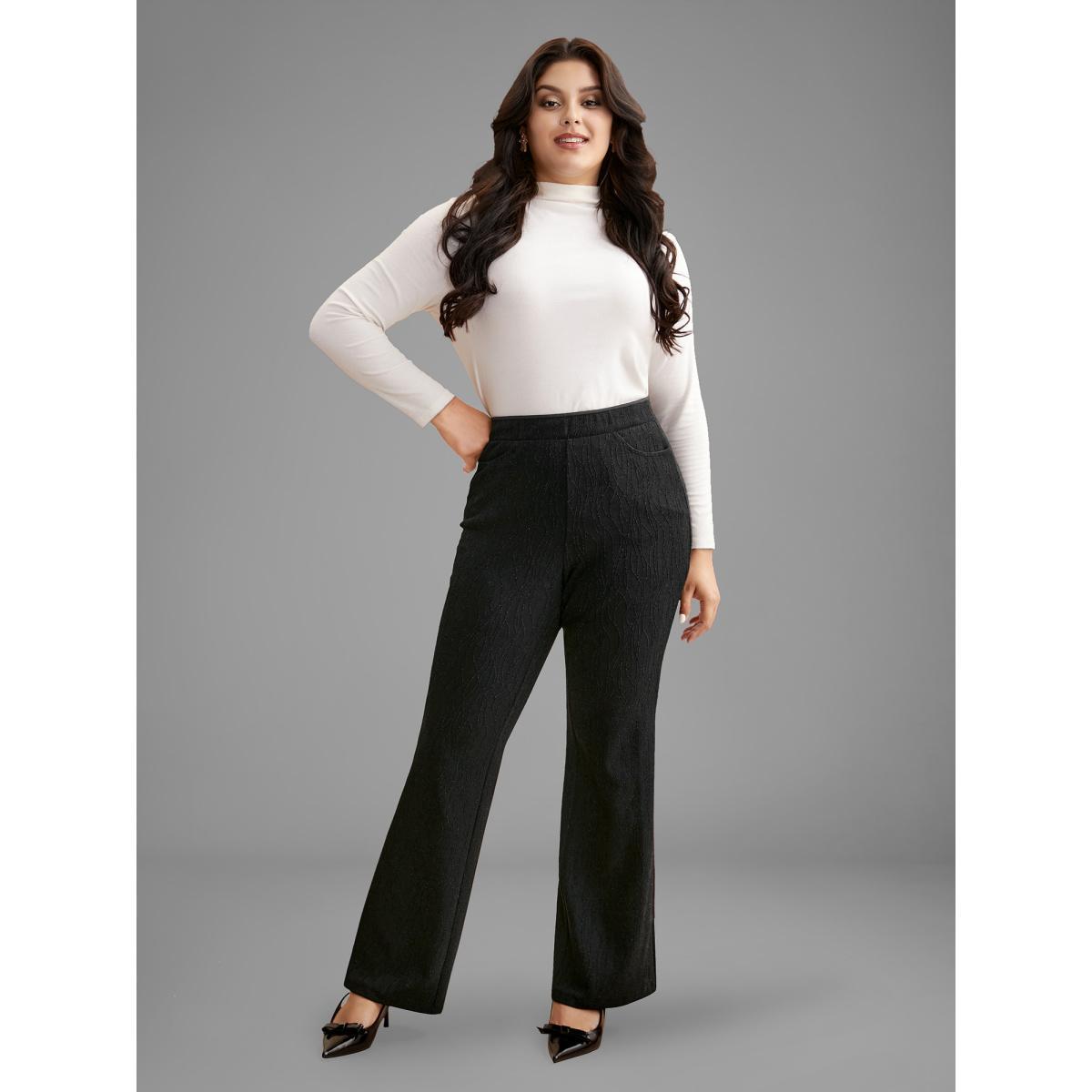 Plus Size Metallic Shimmer Stretchy Flare Pants Women Black Formal Medium stretch Bootcut Mid Rise Party Leggings BloomChic 12/L Product Image