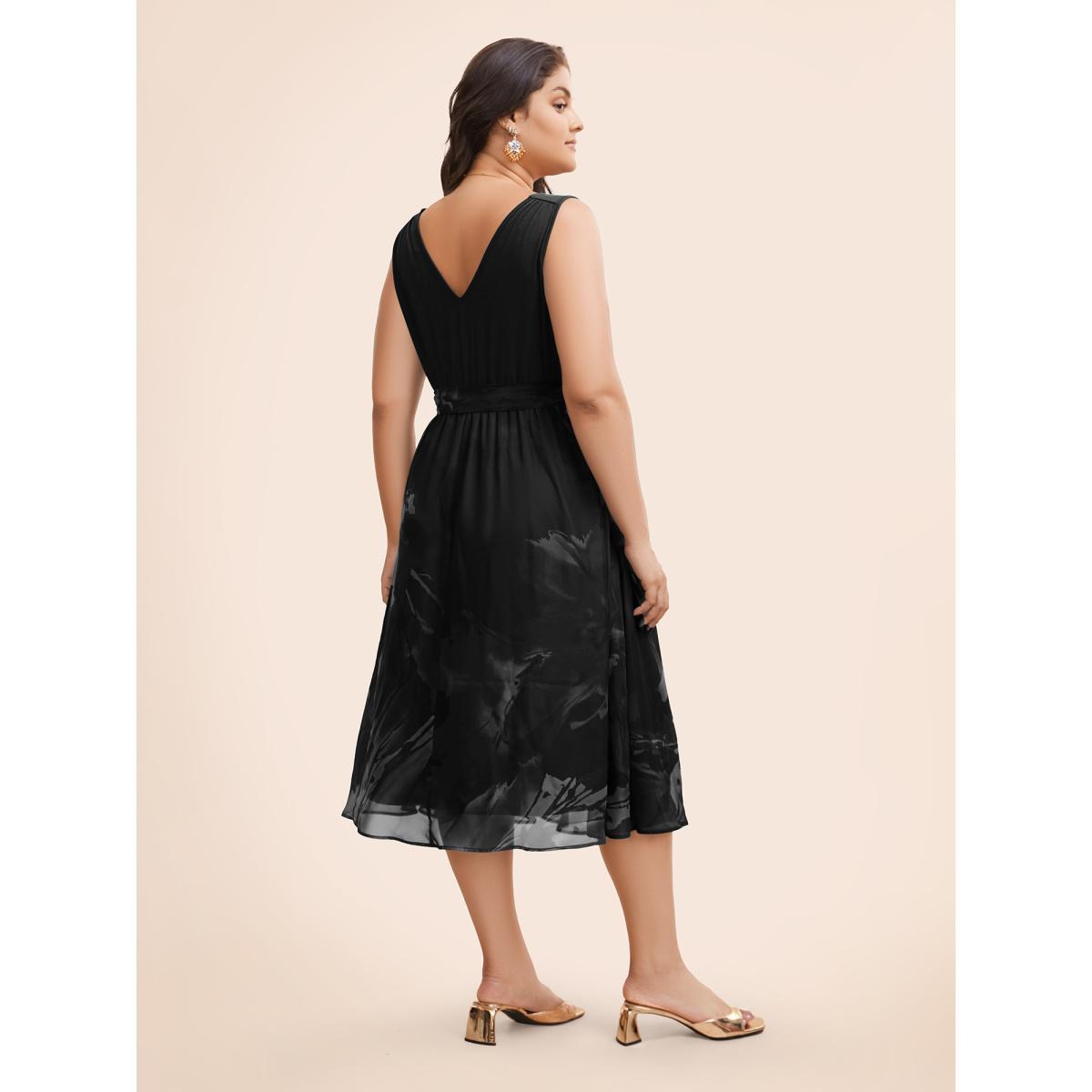 Plus Size Floral Print Belted Patchwork Pocket Tank Dress Navy Women Glamour Wrap Overlap Collar Sleeveless Curvy Midi Dress BloomChic 10/M Product Image