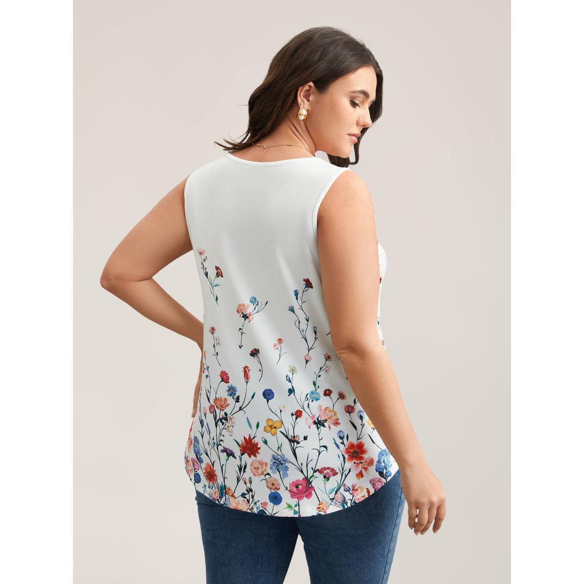 Plus Size Blooming Flowers Print Stretchy Vest Women WhiteSmoke Elegant Non V-neck Everyday Tank Tops Camis BloomChic 22-24/3X Product Image