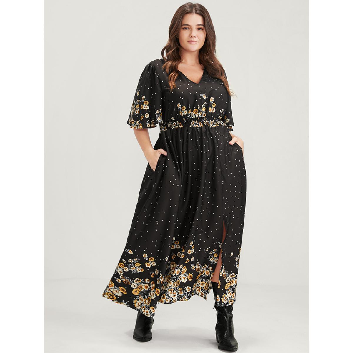 Plus Size Floral Pocket Split Hem Flutter Shirred Maxi Dress Black Women Casual Printed V-neck Half Sleeve Curvy Midi Dress BloomChic 28/5X Product Image