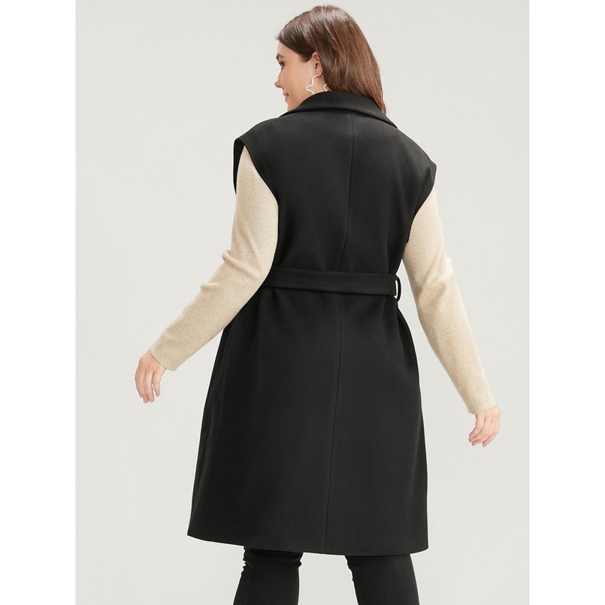 Plus Size Solid Suit Collar Pocket Belted Sleeveless Coat Women Black Office Cross straps Ladies Work Winter Coats BloomChic 12/L Product Image