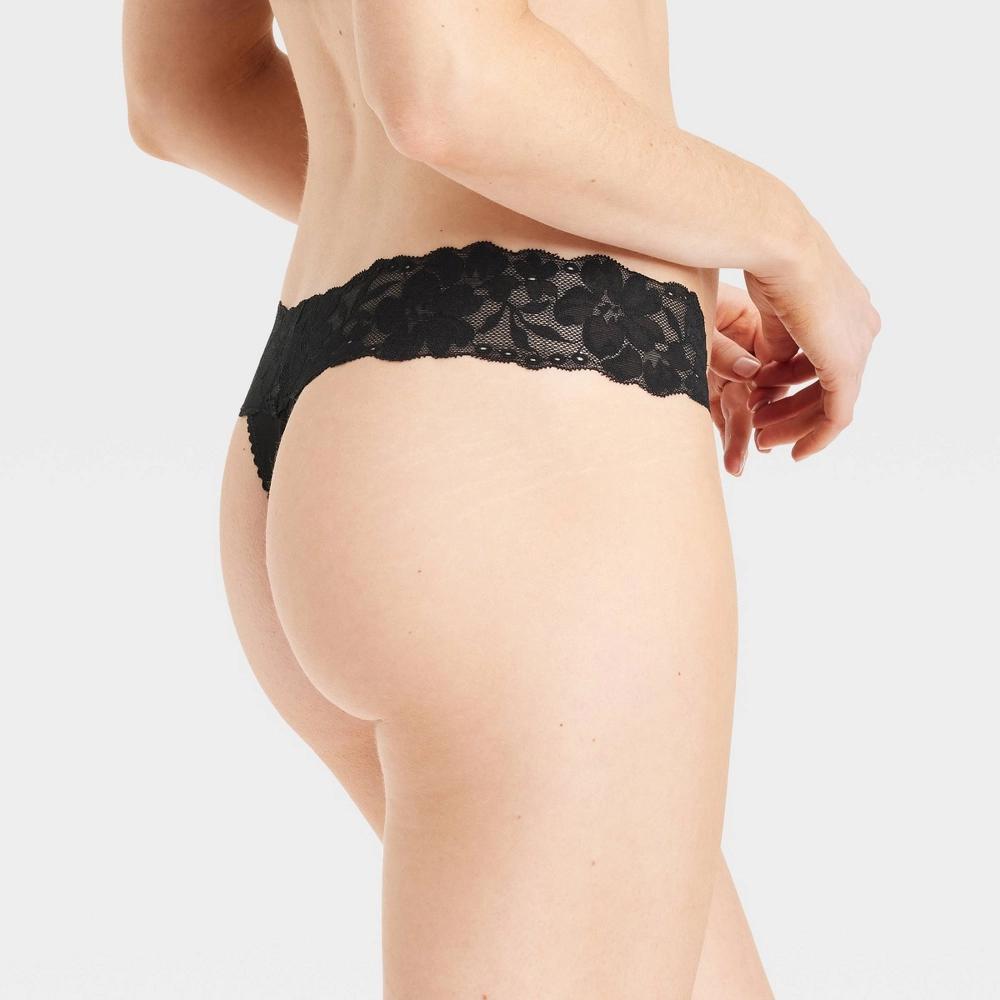 Women's Cotton Comfort Thong Underwear - Auden™ Black S: Mid Rise, Lace, Pull-On, Lightweight Fabric Product Image