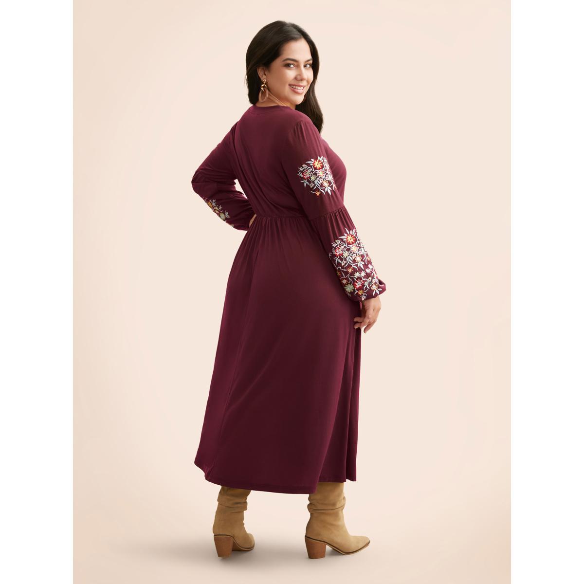 Plus Size Floral Embroidered Elastic Waist Gathered Dress Burgundy Women Casual Embroidered Round Neck Long Sleeve Curvy BloomChic 30/6X Product Image