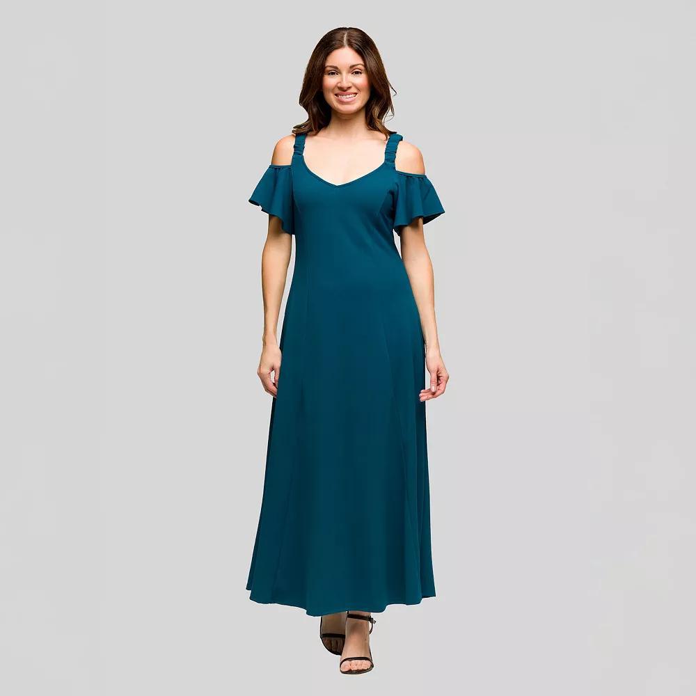 Women's 24Seven Comfort Apparel Cold Shoulder Ruffle Sleeve A-Line Maxi Dress, Size: 1XL, Blue Product Image