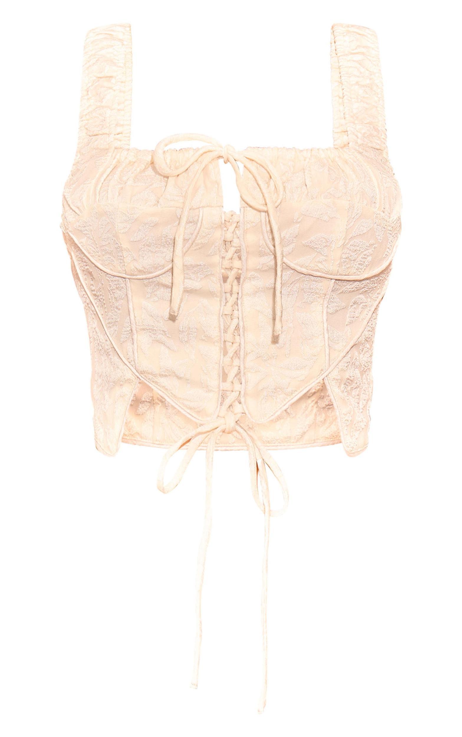 Cream Textured Lace Up Ruched Straps Corset Product Image