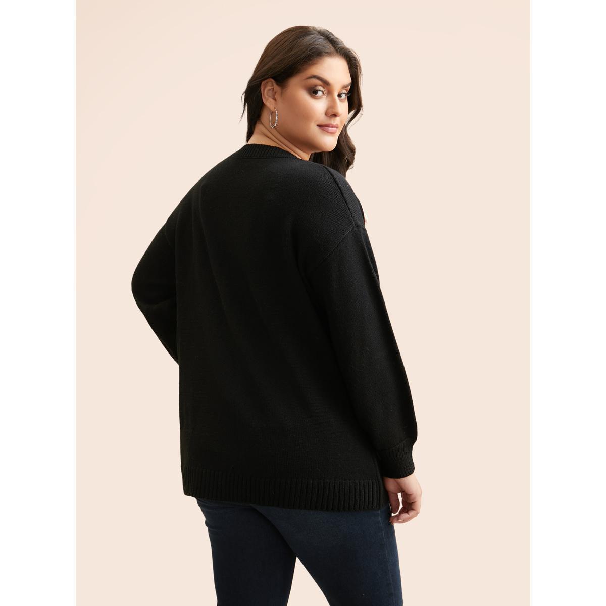 Plus Size Crochet Floral Drop Shoulder Sleeve Pullover Black Women Casual Long Sleeve Round Neck Everyday Pullovers BloomChic 22-24/3X Product Image
