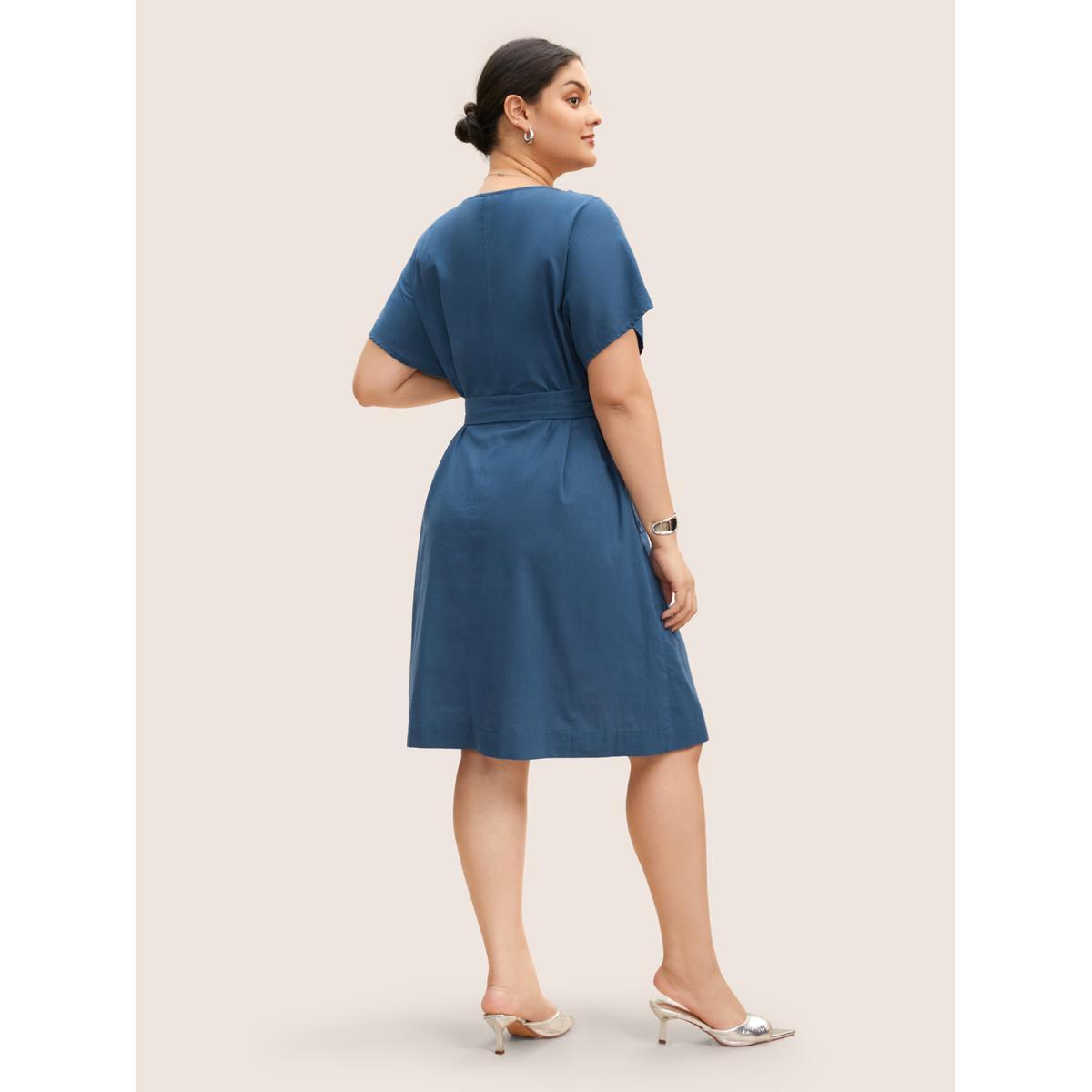Plus Size Round Neck Half Zip Flap Detail Belted Dress Mediumblue Women Work From Home Belted Round Neck Short sleeve Curvy BloomChic 26/4X Product Image