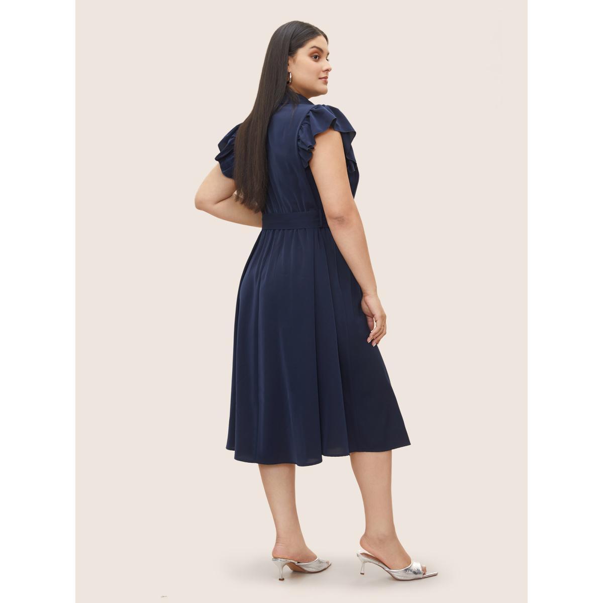 Plus Size Plain Pleated Button Through Cap Sleeve Dress Indigo Women At the Office Gathered Shirt collar Cap Sleeve Curvy Midi Dress BloomChic 22-24/3X Product Image