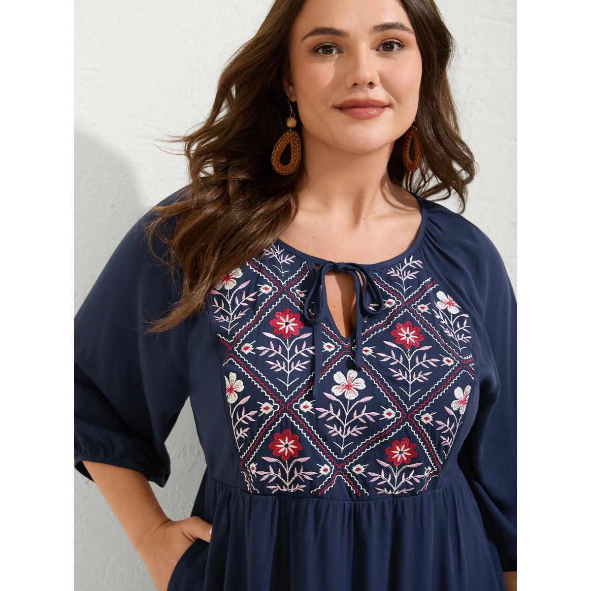 Plus Size Floral Embroidery Pockets Midi Dress DarkBlue Women Notched collar Elbow-length sleeve Curvy BloomChic 12/L Product Image