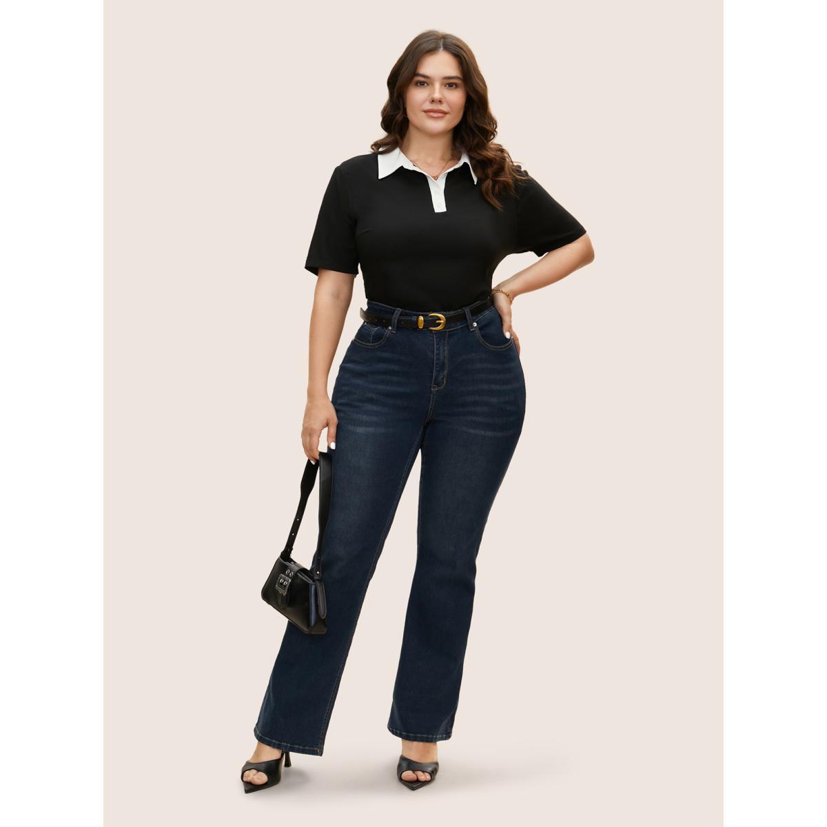 Plus Size Black Stretchy Woven Shirt Collar Contrast Blouse Women Workwear Essentials Short sleeve Shirt collar Work Blouses BloomChic 14-16/1X Product Image