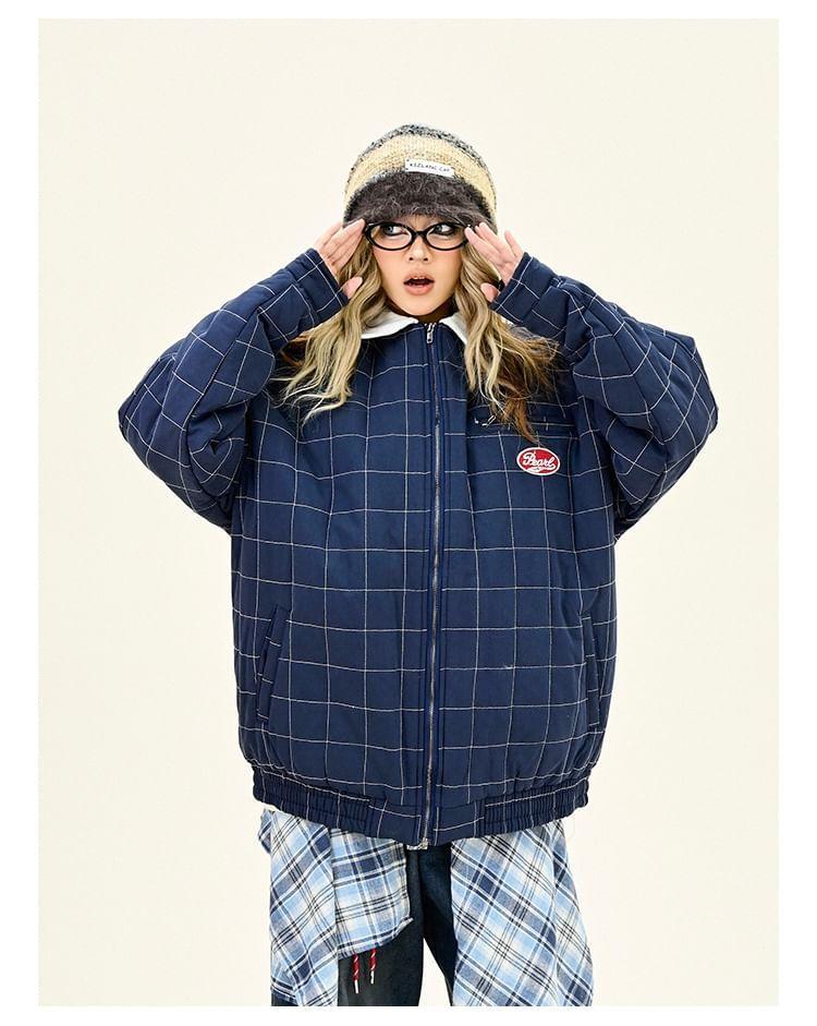 Collared Plaid Zip Up Puffer Bomber Jacket Product Image