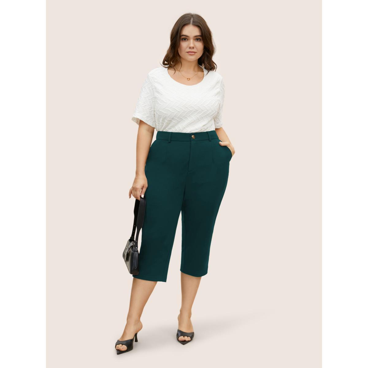 Plus Size High Rise Split Hem Slanted Pocket Slim Pants Women Cyan At the Office Bodycon High Rise Work Pants BloomChic 12/L Product Image
