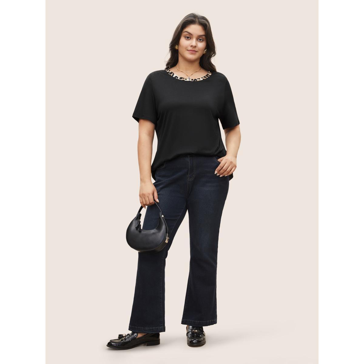 Plus Size Round Neck Leopard Print Patchwork T-shirt Black Women Casual Patchwork Leopard Round Neck Everyday T-shirts BloomChic 14-16/1X Product Image