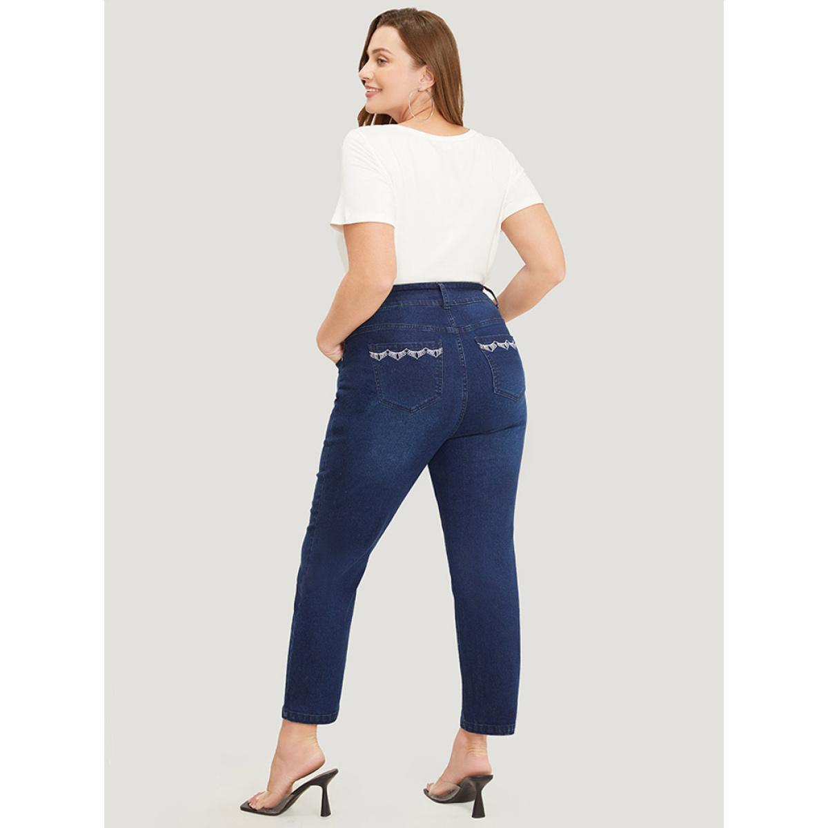 Plus Size Very Stretchy High Rise Dark Wash Embroidery Back Jeans Women DarkBlue Casual Plain Embroidered High stretch Jeans BloomChic 10/M Product Image