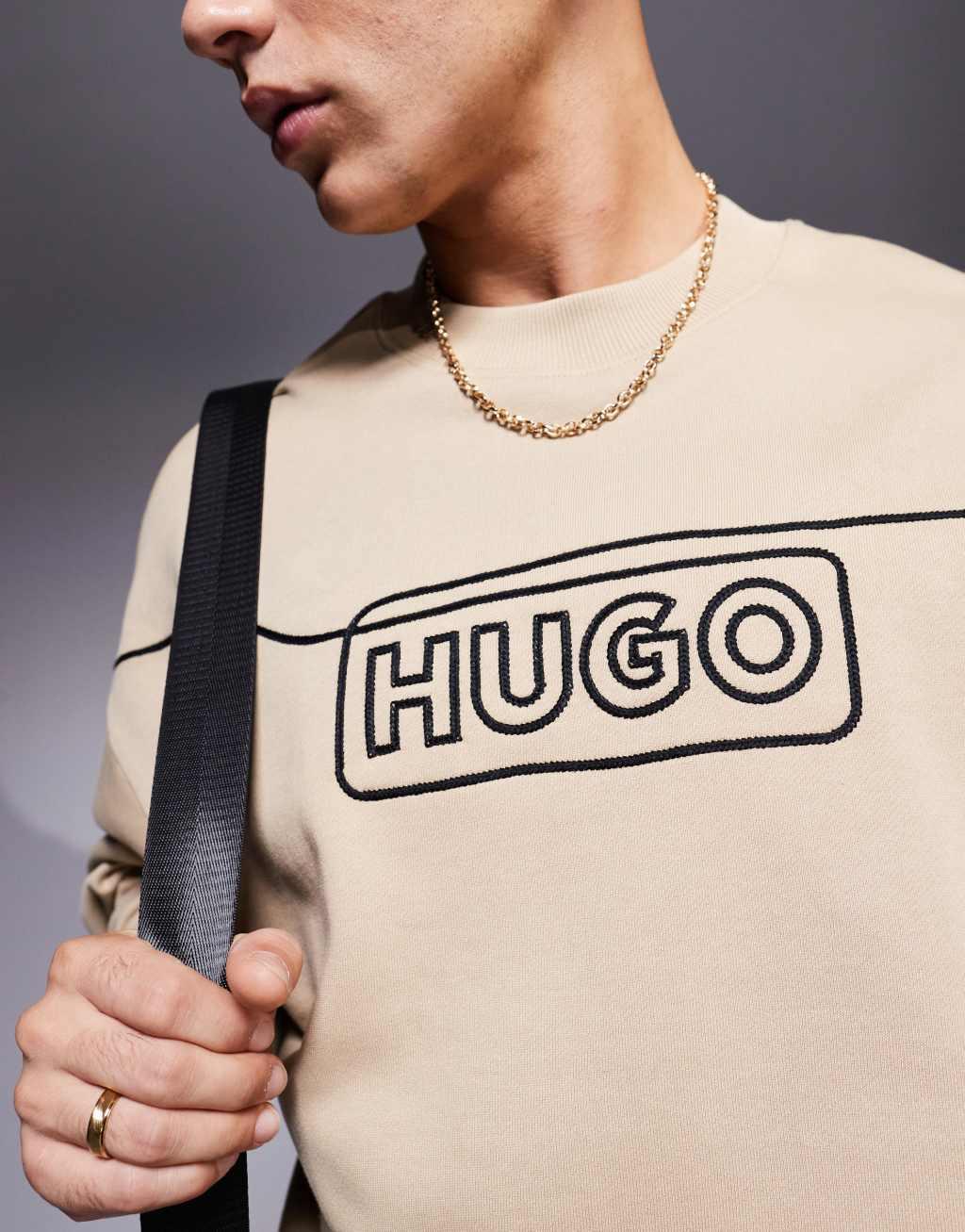 HUGO Blue Noideryos loose fit sweatshirt with line logo in beige Product Image
