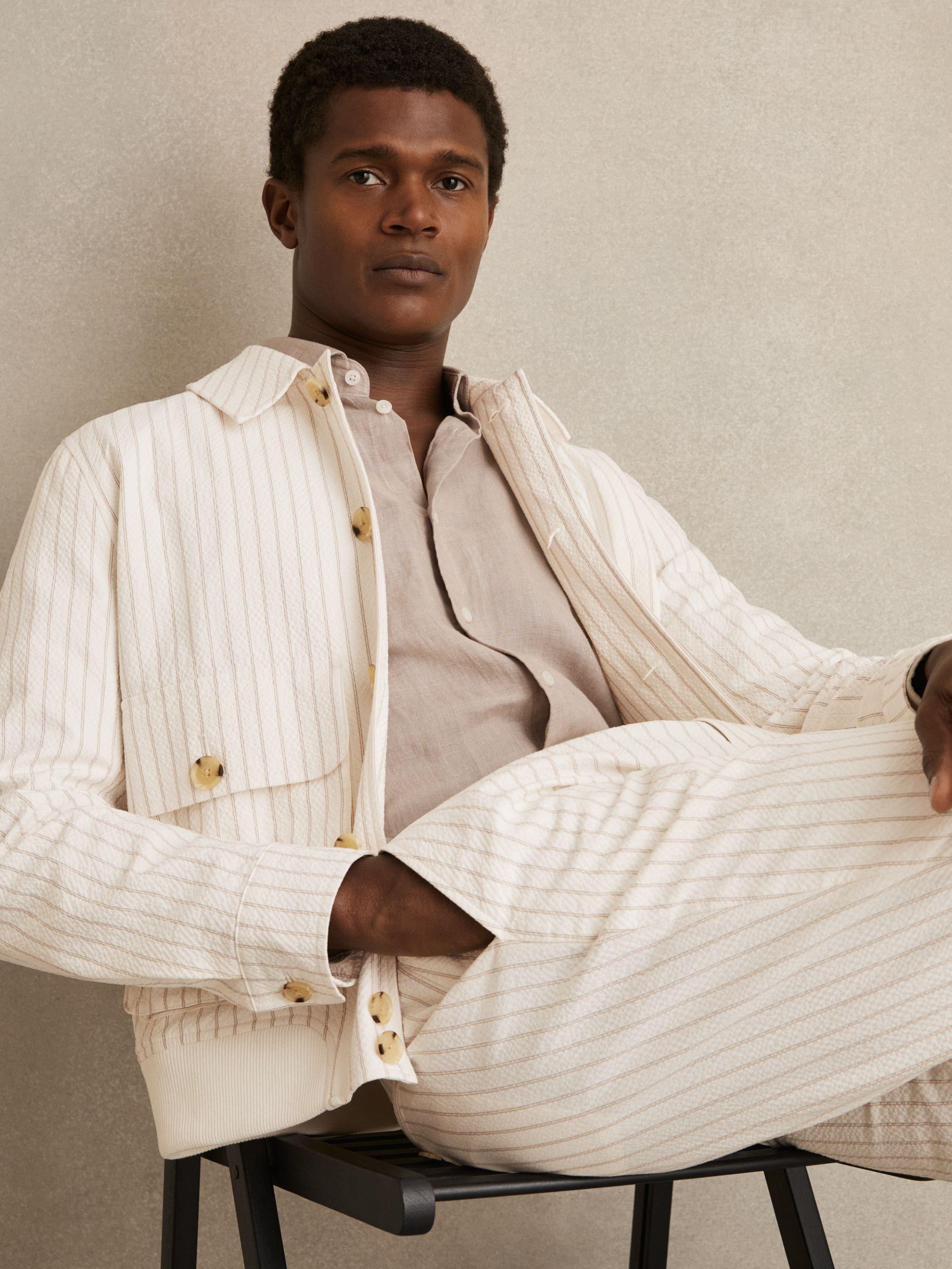Cotton-Blend Pinstripe Harrington Jacket in Off White/Taupe Brown Product Image