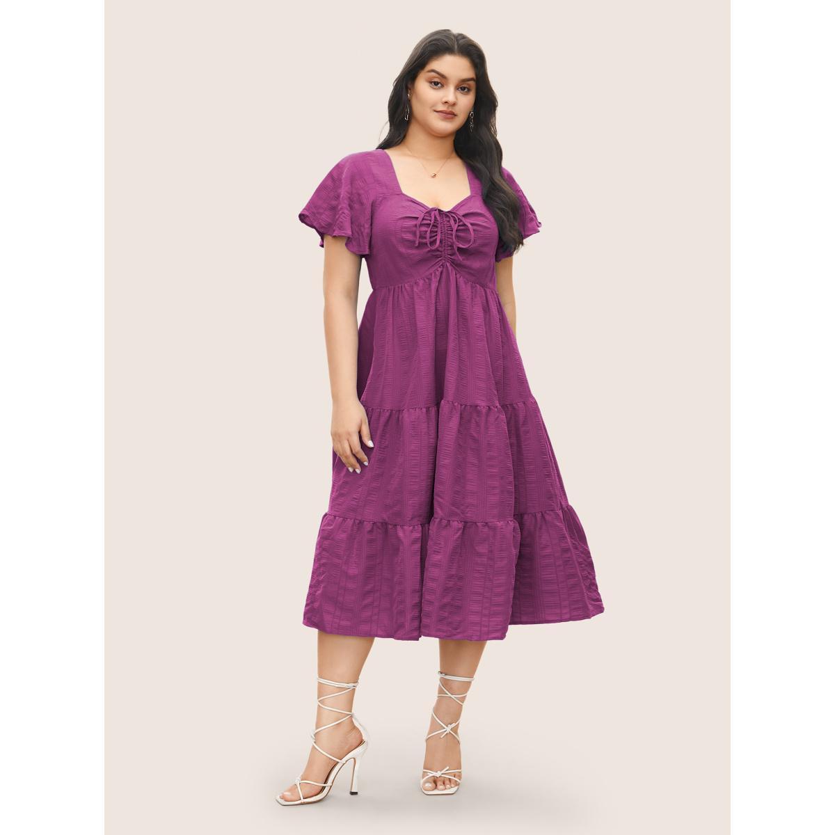Plus Size Plain Ruched Drawstring Pocket Ruffle Tiered Dress RedViolet Women Elegant Non V-neck Short sleeve Curvy Midi Dress BloomChic 30/6X Product Image