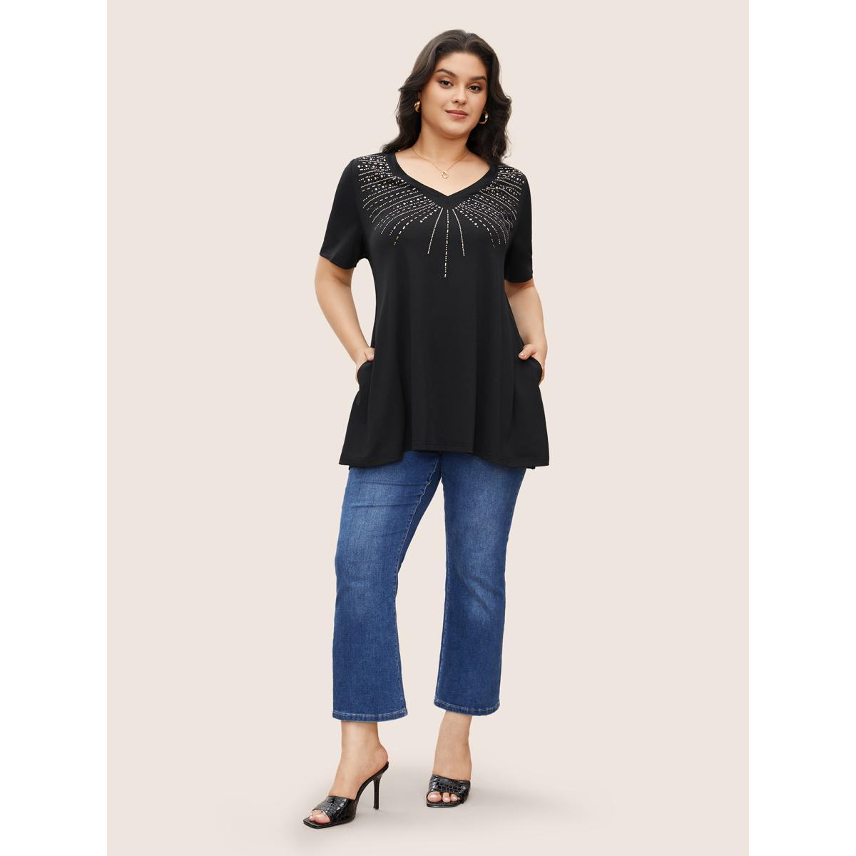 Plus Size V Neck Pocket Rhinestone Detailing T-shirt Black Women Elegant Rhinestone detailing V-neck Everyday T-shirts BloomChic 22-24/3X Product Image