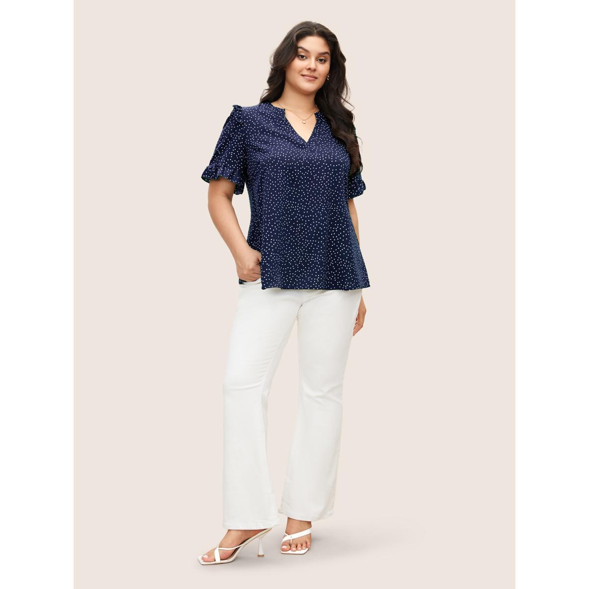Polka Dot Ruffles Plus Size Women Blouses Elegance Casual Ruffles Ruffle Sleeve Short Sleeve V Neck Dailywear Blouses BloomChic Product Image