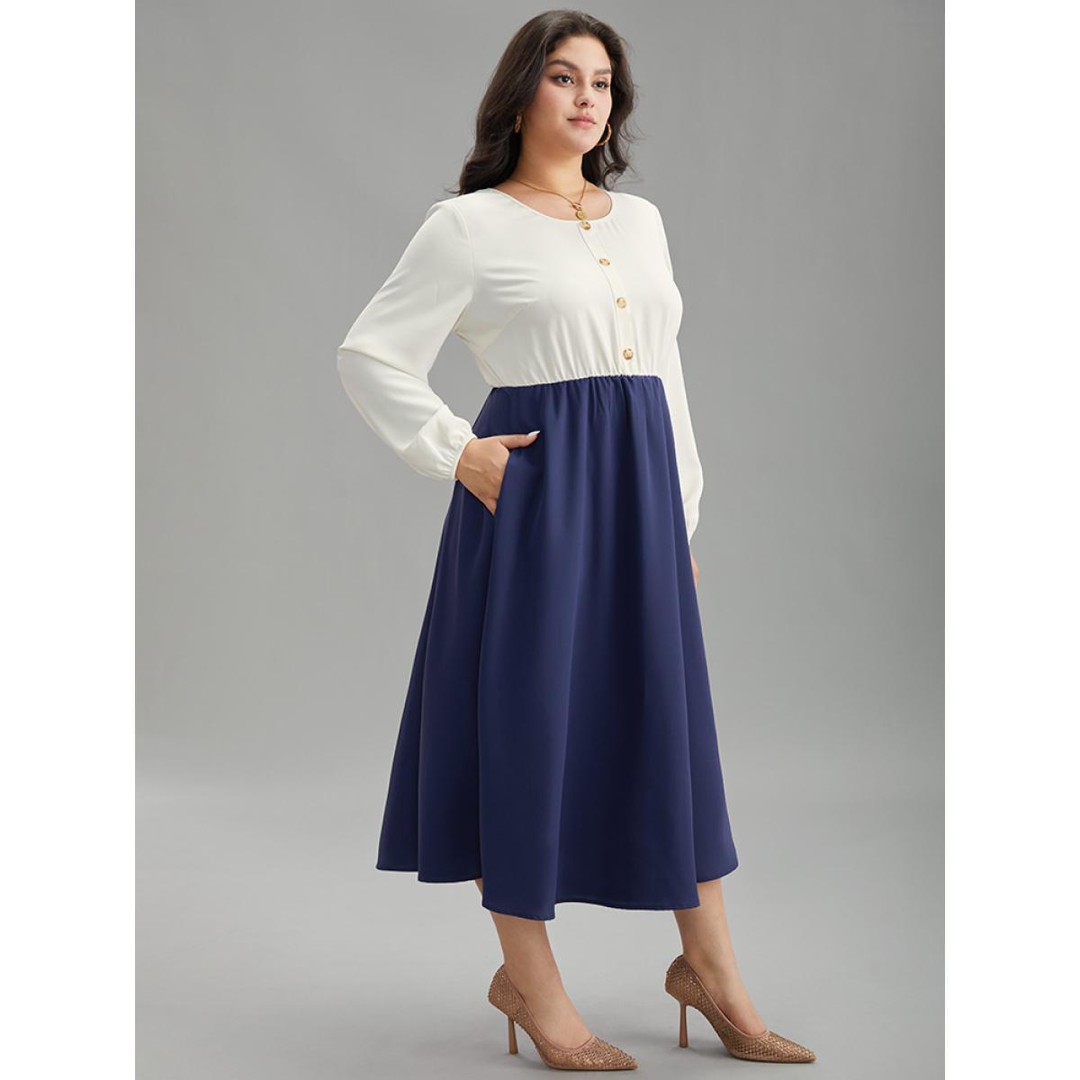Plus Size Static-Free Contrast Button Detail Pocket Dress DarkBlue Women Elegant Elastic cuffs Round Neck Long Sleeve Curvy Midi Dress BloomChic 28/5X Product Image