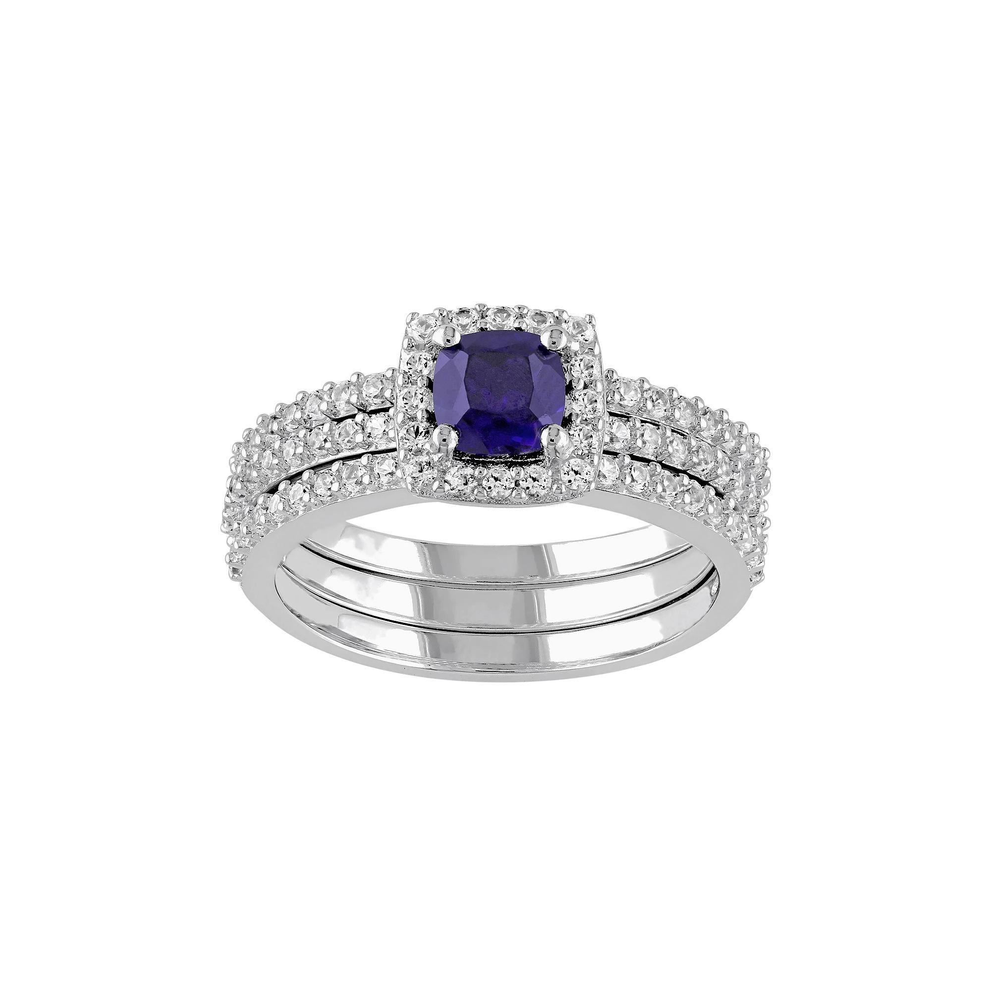 Stella Grace Lab-Created Blue & White Sapphire Frame Engagement Ring Set in Sterling Silver, Womens Product Image