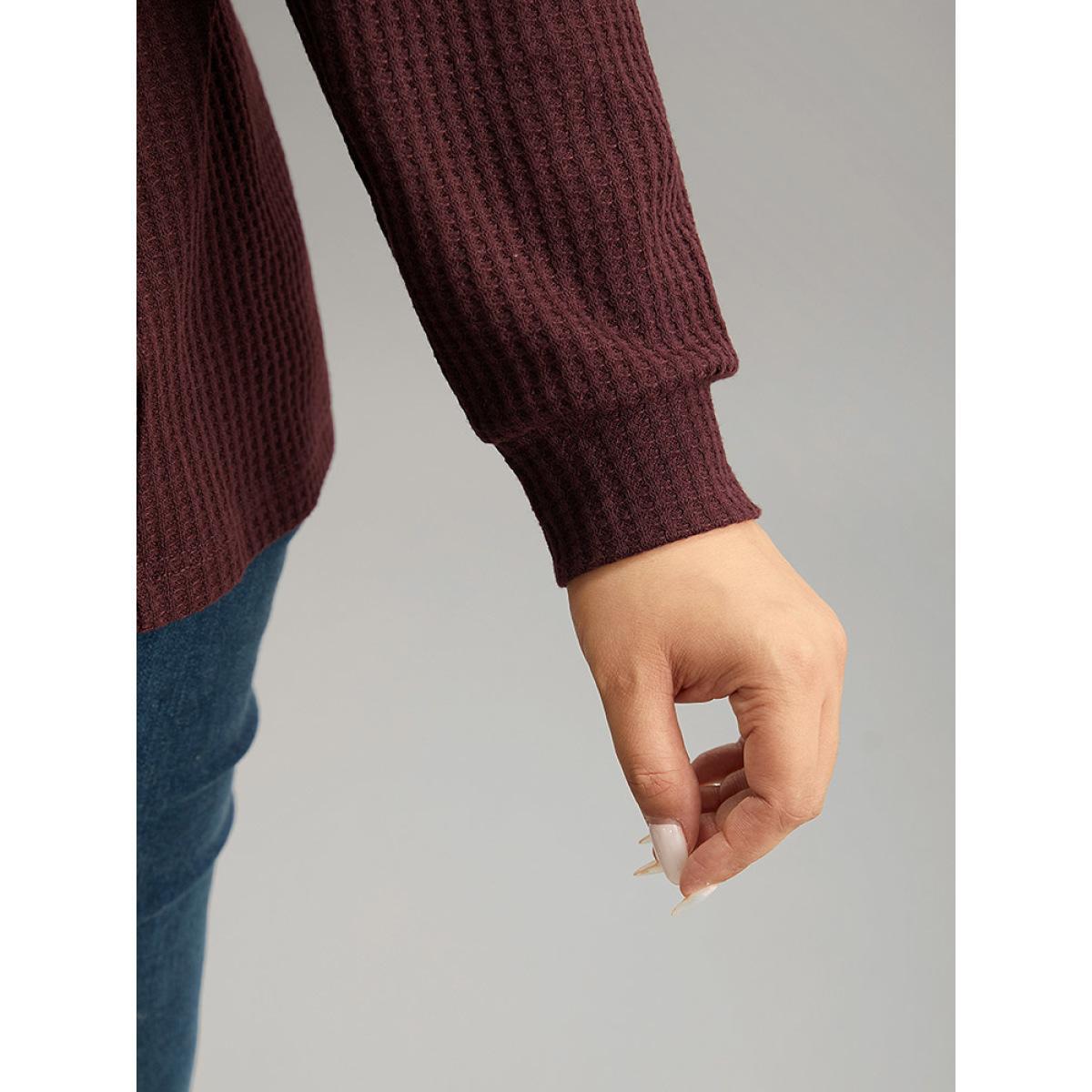 Plus Size Cold Shoulder Patchwork Contrast Waffle Knit T-shirt Burgundy Women Casual Waffle Knit Plain Cold Shoulder Dailywear T-shirts BloomChic 12/L Product Image