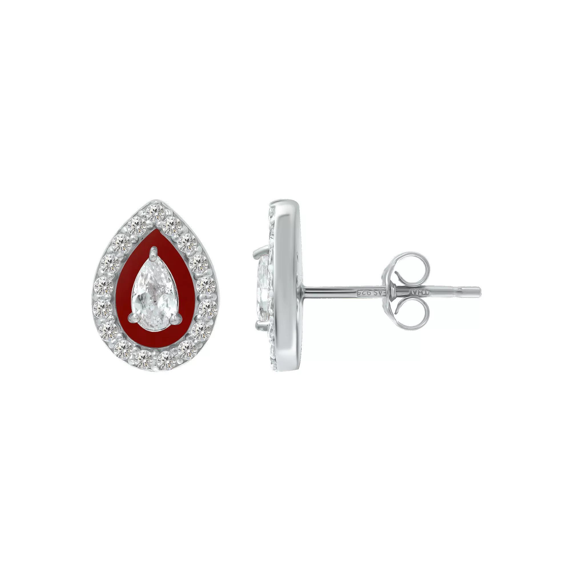 Aleure Precioso Sterling Silver Enamel & Cubic Zirconia Pear Shaped Halo Stud Earrings, Women's, Red Product Image