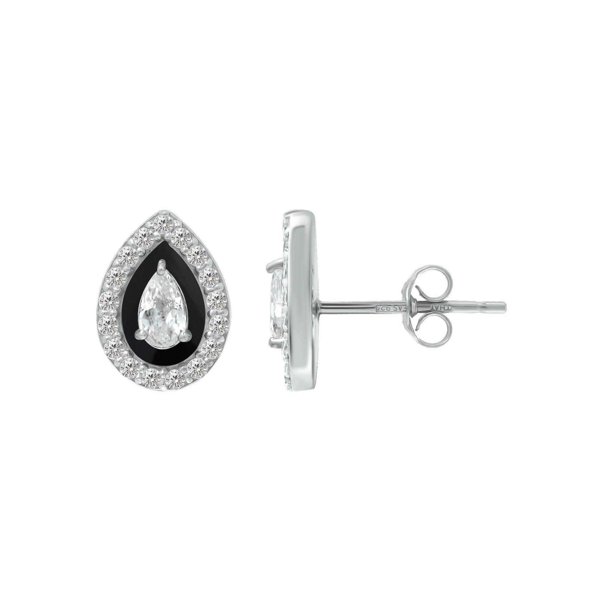Aleure Precioso Sterling Silver Enamel & Cubic Zirconia Pear Shaped Halo Stud Earrings, Women's, Black Product Image