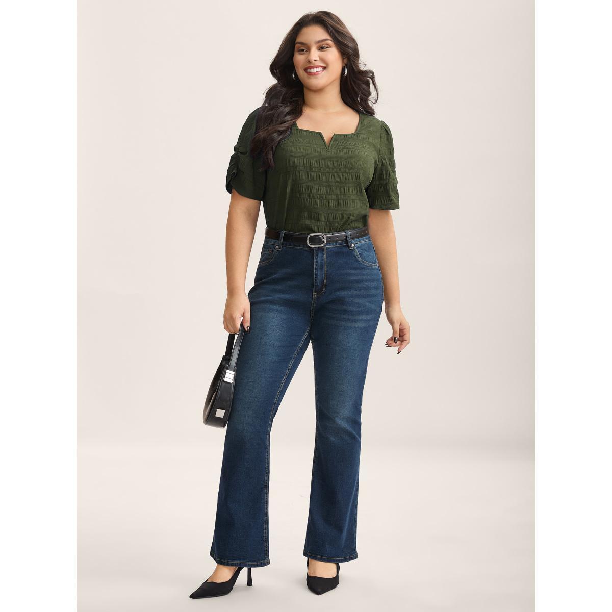 Plus Size ArmyGreen Textured Gathered Sleeve Split Neck Blouse Women Short sleeve Asymmetrical Neck Work Blouses BloomChic 18-20/2X Product Image