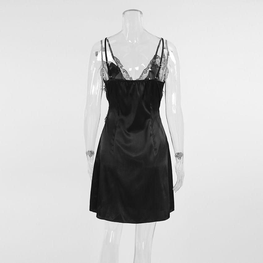 Spaghetti Strap V-Neck Plain Lace Panel Open Back Mini A-Line Dress Product Image