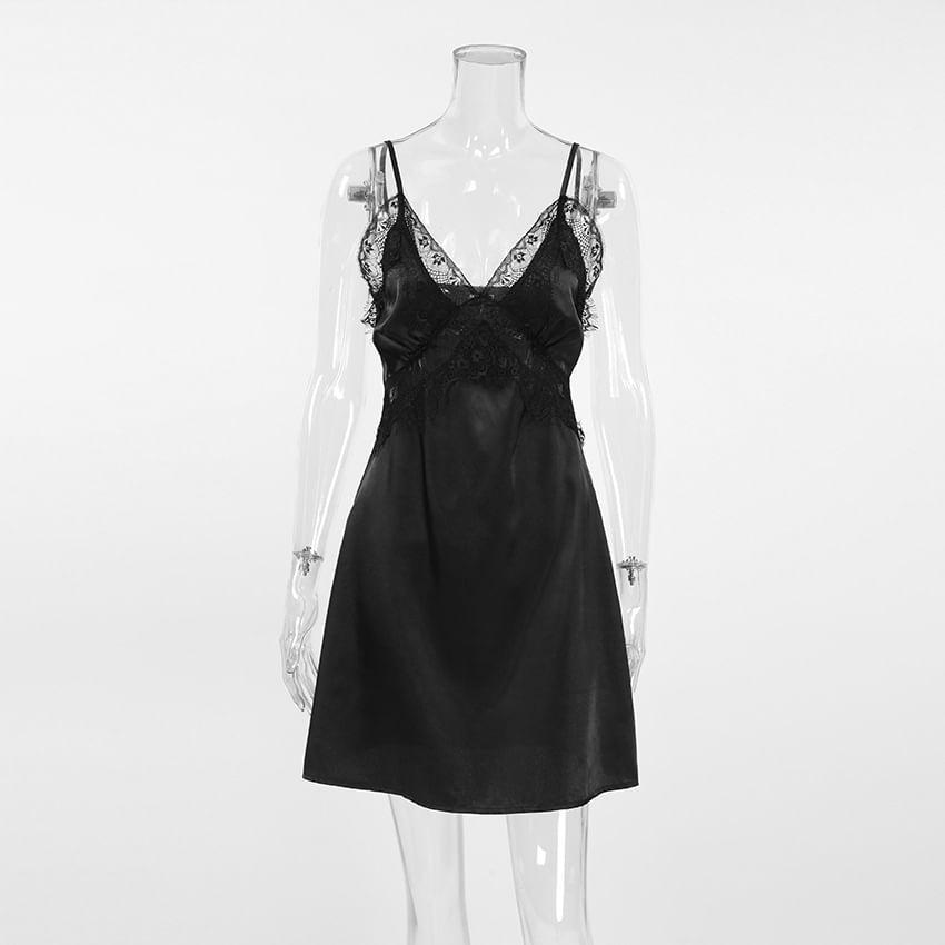 Spaghetti Strap V-Neck Plain Lace Panel Open Back Mini A-Line Dress Product Image