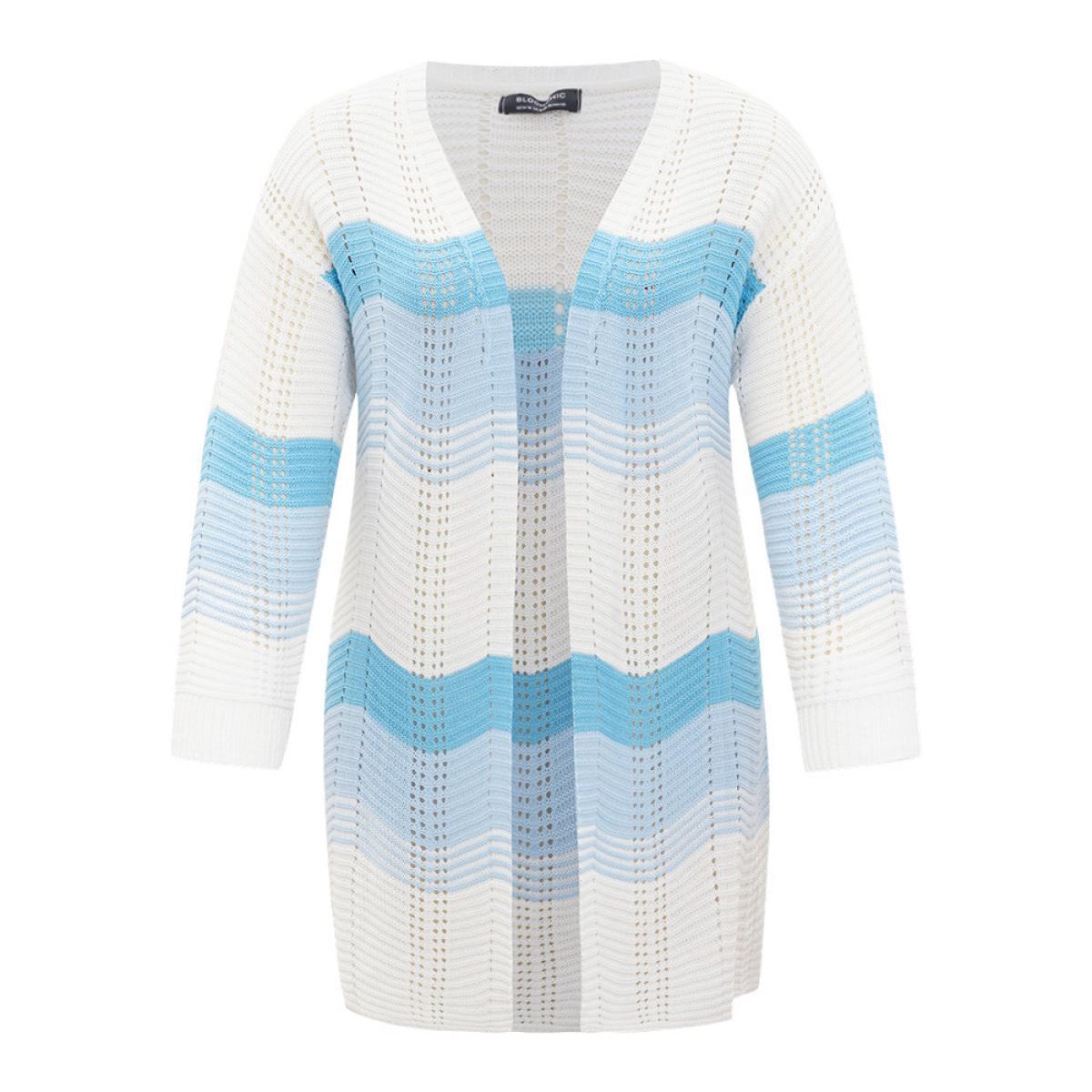 Plus Size Ombre Geo Eyelet Tunic Open Front Elastic Cuffs Cardigan Blue Women Casual Loose Long Sleeve Dailywear Cardigans BloomChic 22-24/3X Product Image