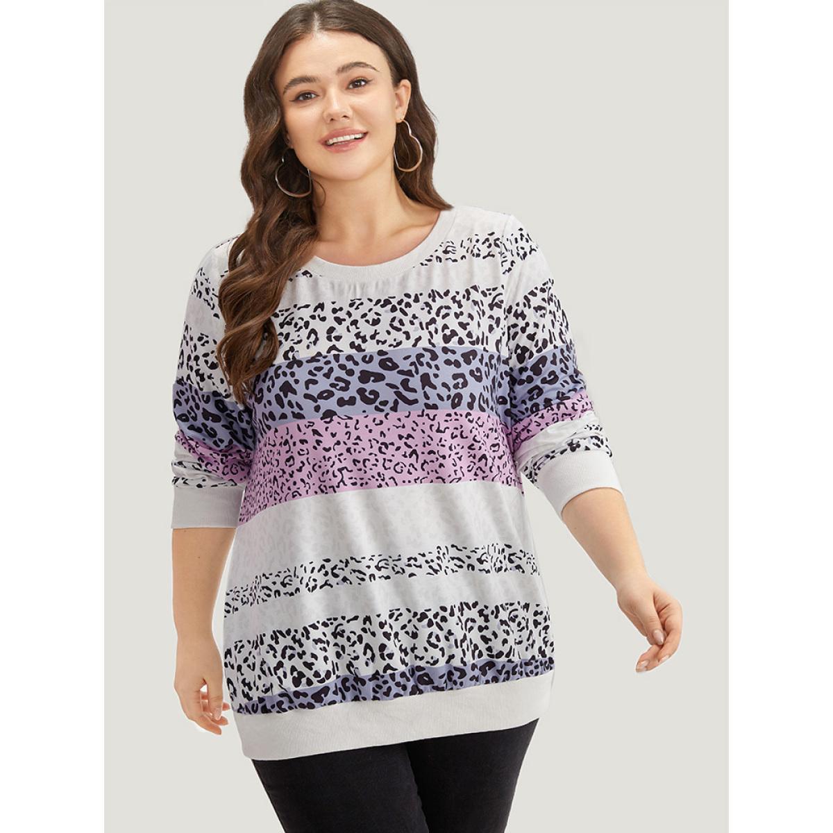 Plus Size Colour Leopard Print Crew Neck Sweatshirt Women Multicolor Casual Printed Round Neck Dailywear Sweatshirts BloomChic 30/6X Product Image
