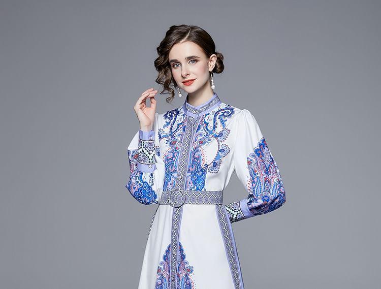 Long Sleeve Stand Collar Patterned Print Belted Button Midi A-Line Dress Product Image