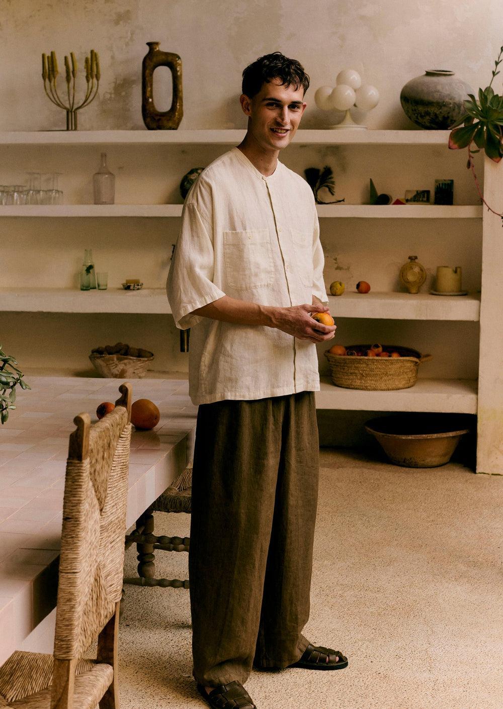 Garment Dyed Linen Grandad Collar Shirt | Oat Product Image