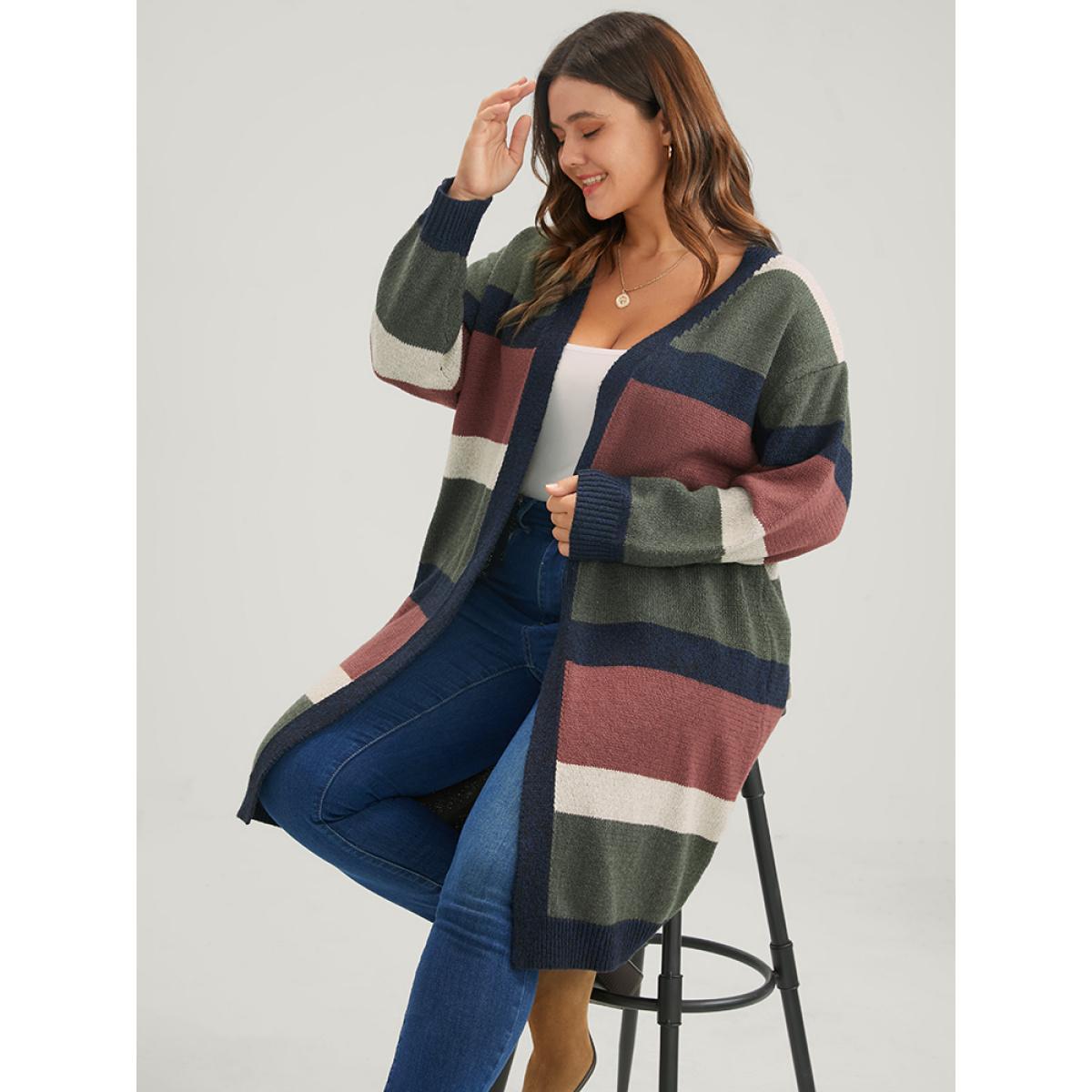 Plus Size Colorblock Contrast Pointelle Knit Heather Open Front Long Cardigan Multicolor Women Casual Loose Long Sleeve Dailywear Cardigans BloomChic 18-20/2X Product Image
