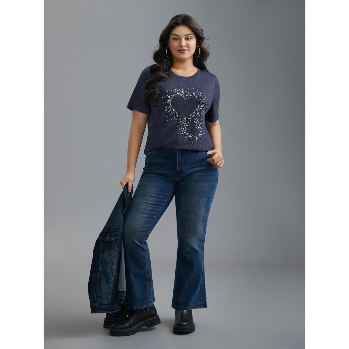 Plus Size Crew Neck Rhinestone Heart T-Shirt DarkBlue Women Casual Rhinestone detailing Round Neck Everyday T-shirts BloomChic 18-20/2X Product Image