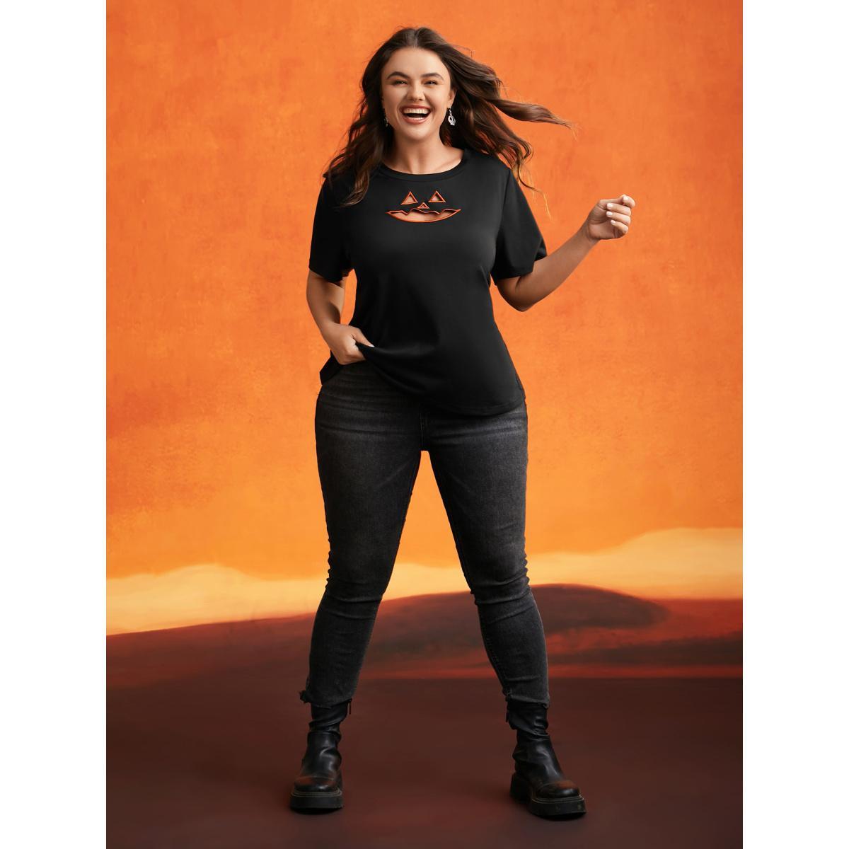 Plus Size Jack-O-Lantern Neck Hollow Embroidered T-shirt Black Women Casual Cut-Out Halloween Round Neck Everyday T-shirts BloomChic 10/M Product Image