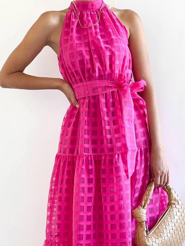Loose Sleeveless Plaid Ribbed Stand Collar Maxi Dresses Product Image