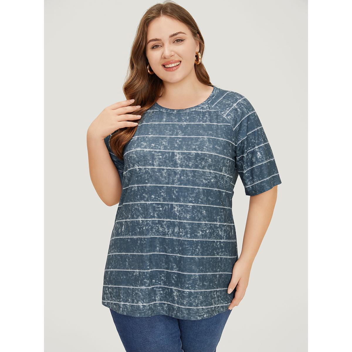 Plus Size Striped Print Raglan Sleeve Vintage T-shirt DimGray Women Casual Contrast Striped Round Neck Dailywear T-shirts BloomChic 10/M Product Image