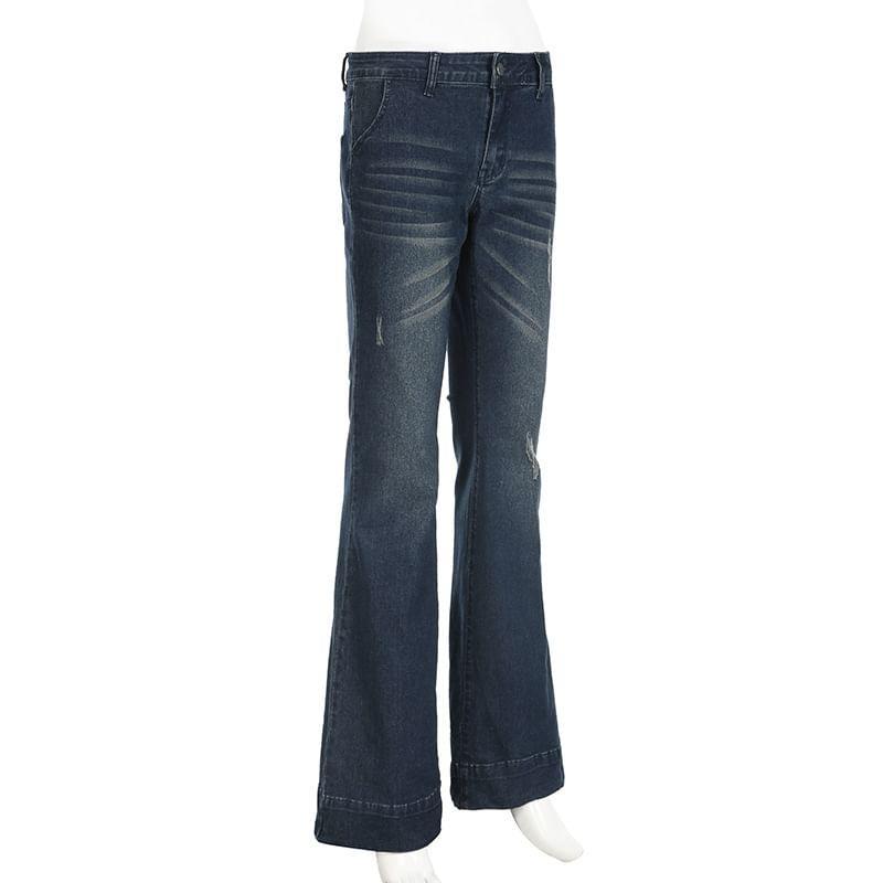 Low Waist Distressed Washed Bootcut Jeans Product Image