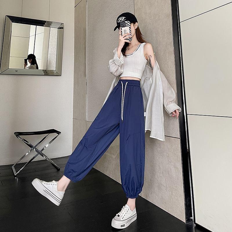 Drawstring Waist Plain Cropped Harem Track Pants Product Image