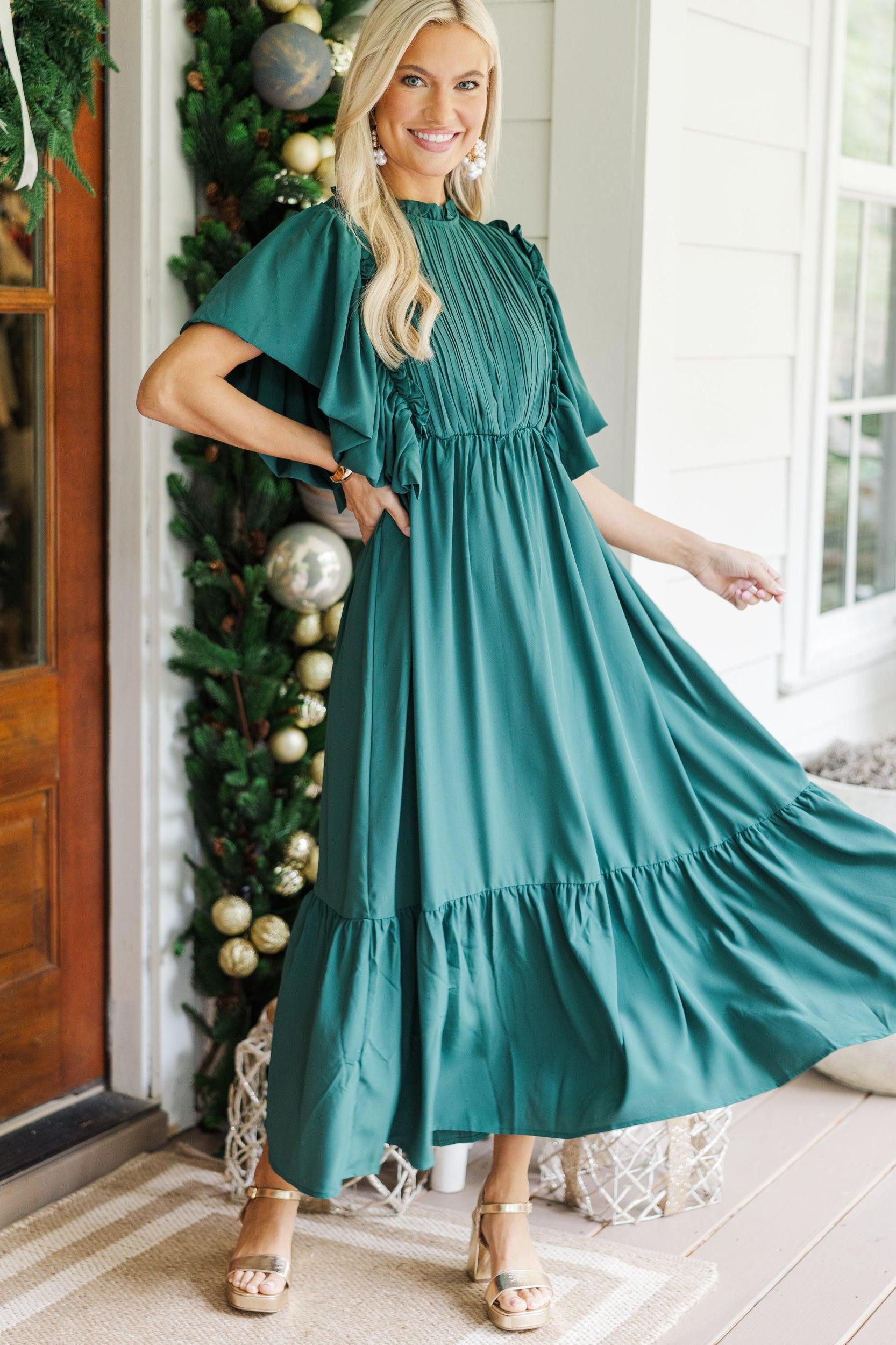 All The Good Emerald Green Ruffled Midi Dress Female Product Image